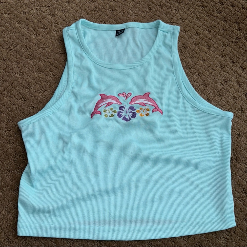 Aqua blue Ribbed Cropped Tank top with Pink Dolphin Embroidery large